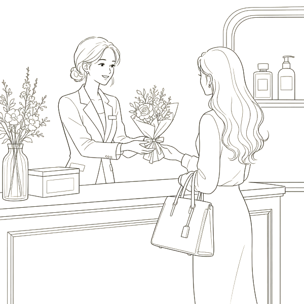 Saleswoman handing flowers to a customer at a counter illustration