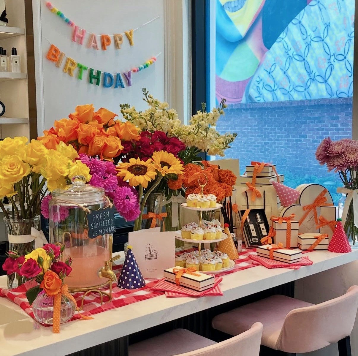 Jo Malone London colorful birthday floral display by Penny + Clover
