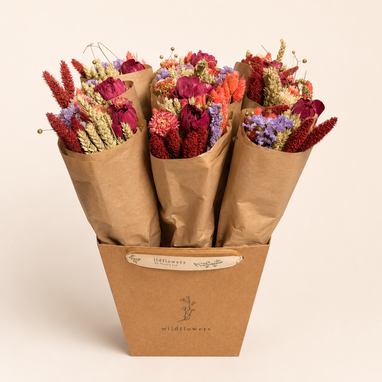 Colorful market bouquets in a retail display box