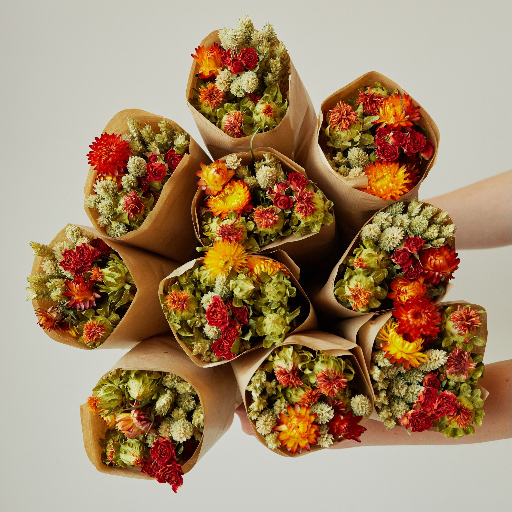 Fall dried bouquets in kraft paper wraps